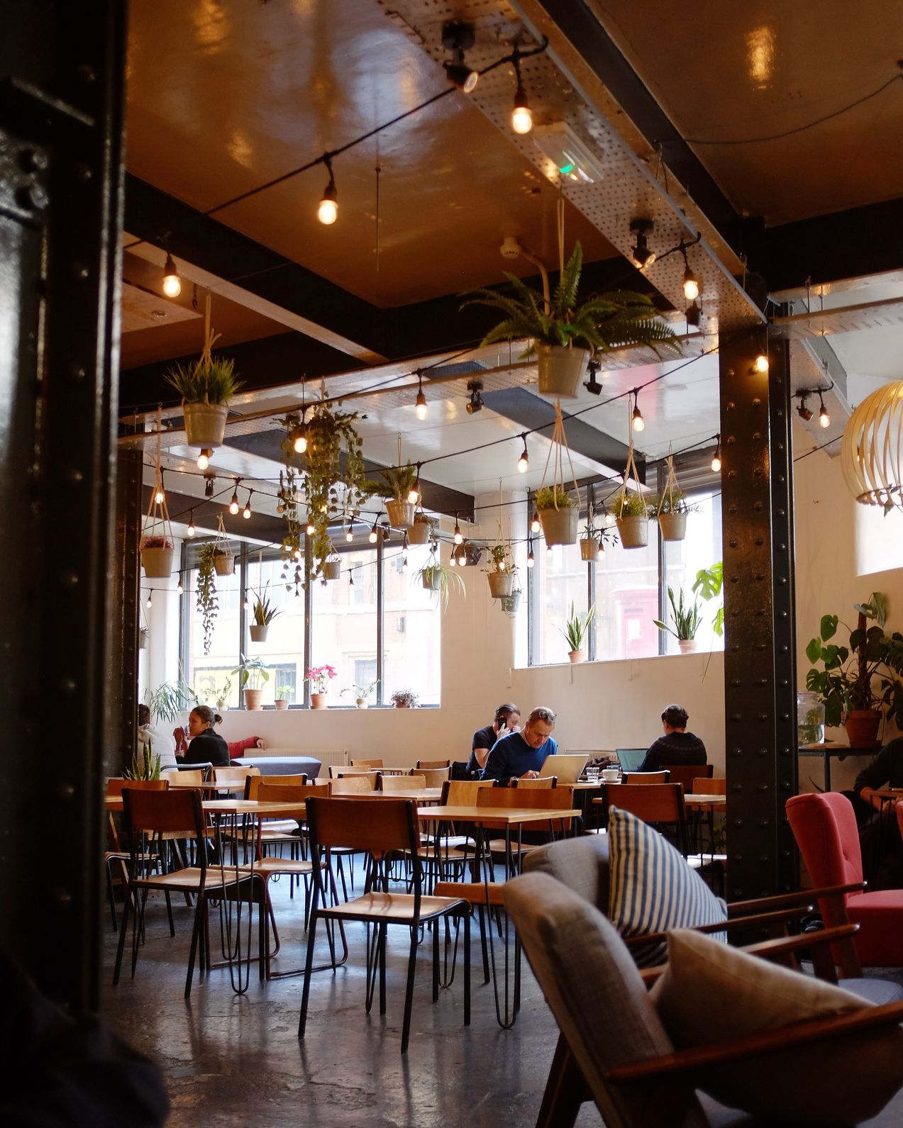 An inviting restaurant ambiance showcasing diners seated at tables, complemented by elegant hanging plants. An inviting restaurant ambiance showcasing diners seated at tables, complemented by elegant hanging plants.
