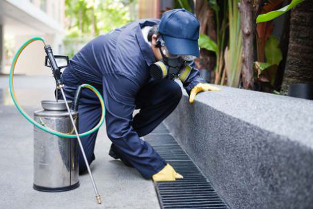 A worker in a blue uniform sprays water from a hose onto a concrete walkway, washing away dirt and debris.