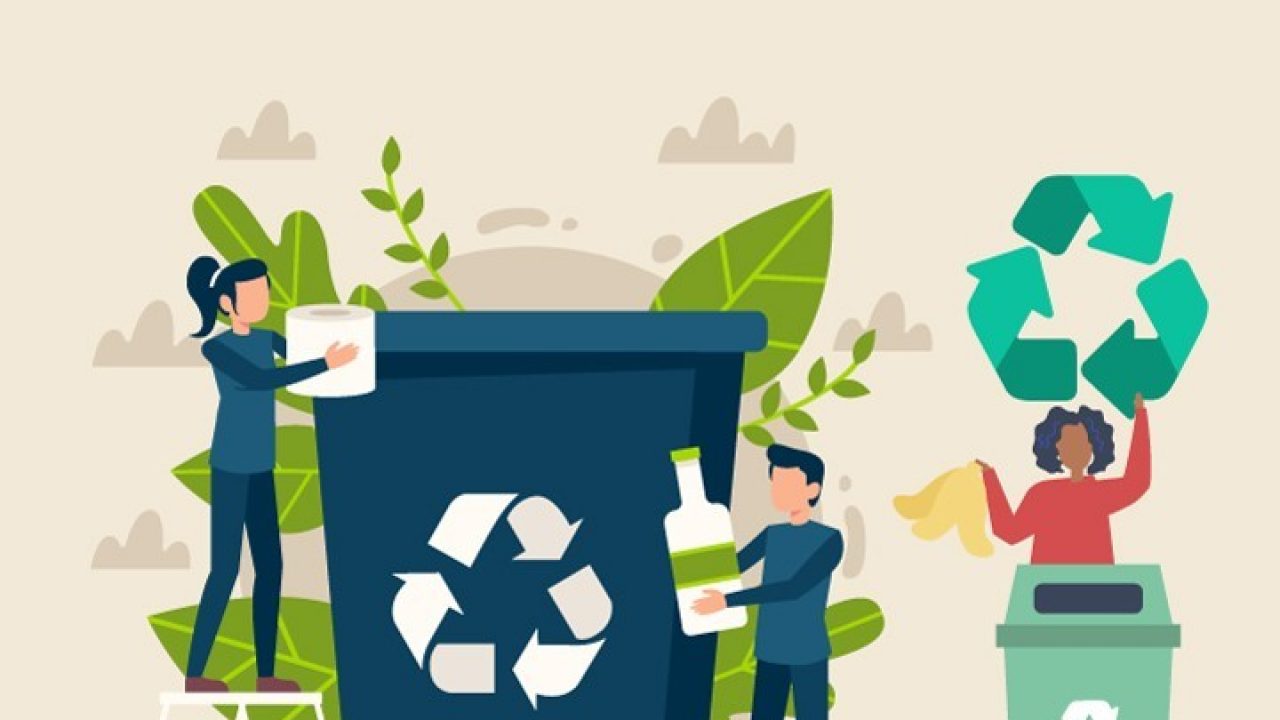 People engage in responsible waste management as they recycle different objects within a dedicated recycling container.