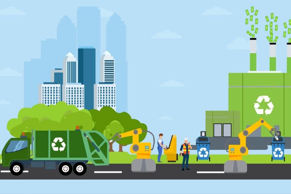 A colorful illustration of workers in a recycling center, separating and processing various recyclable items. A colorful illustration of workers in a recycling center, separating and processing various recyclable items.