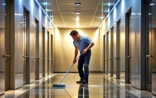 Professional janitor mopping a highly reflective hallway in a corporate office building