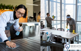Professional cleaning staff sanitising office windows and surfaces, showcasing Versatile Property Services’ expert cleaning solutions.