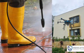 Professional pressure washing with high-pressure water nozzle cleaning dirt and grime from outdoor tiles.