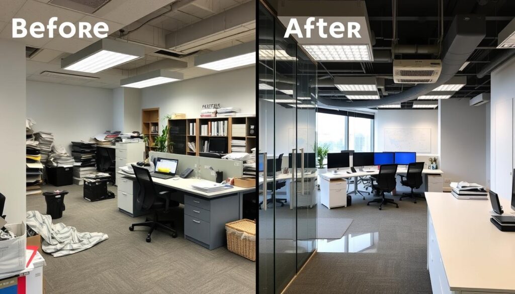 Before and after photos of a professionally cleaned Sydney office space