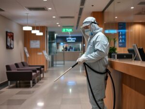 Cleaner in protective gear sanitizing facility