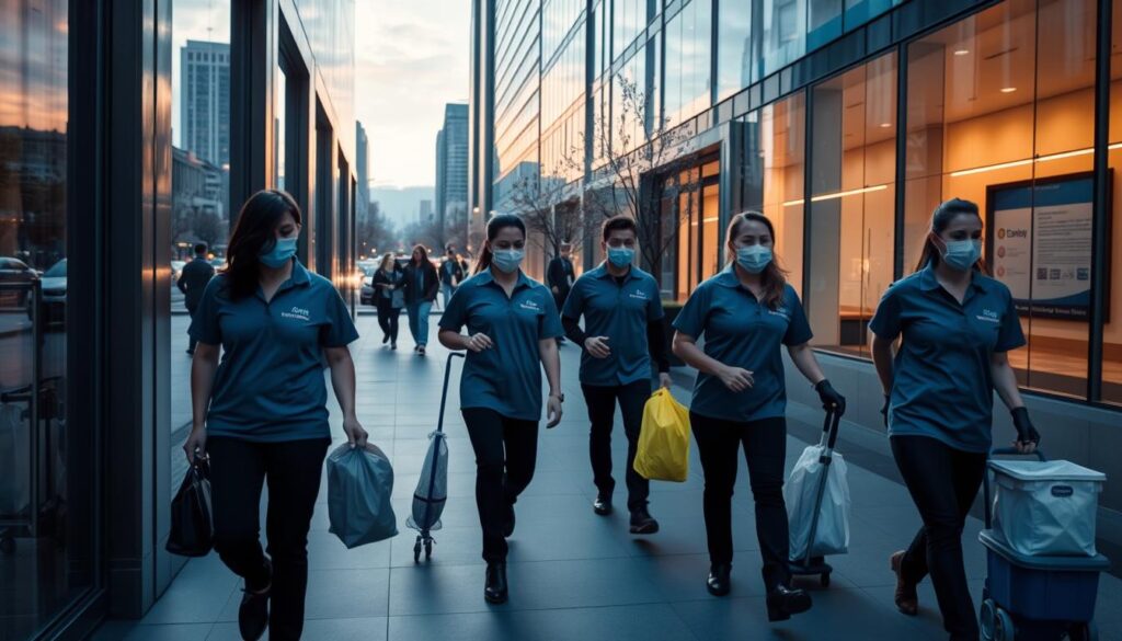 Office workers leaving as cleaning team arrives in Sydney CBD building