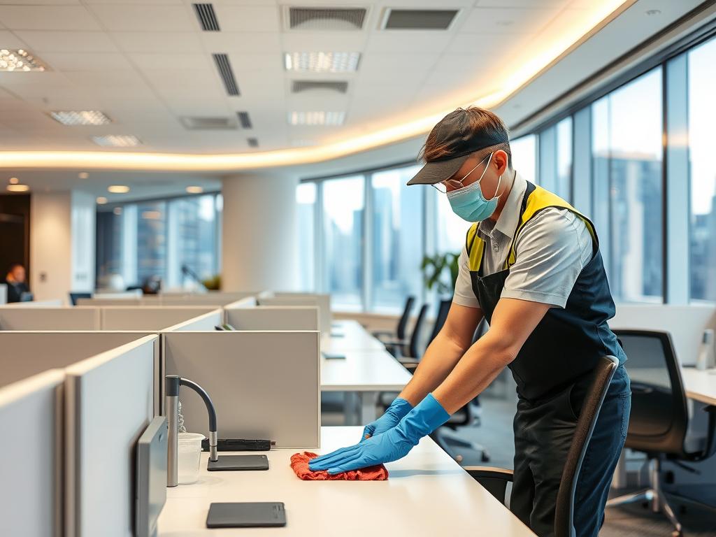 Professional cleaner performing standard office cleaning tasks in a Sydney office