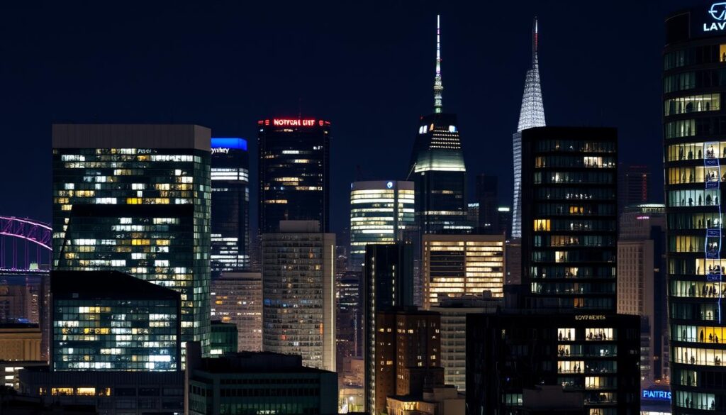 Sydney CBD skyline at night with office lights
