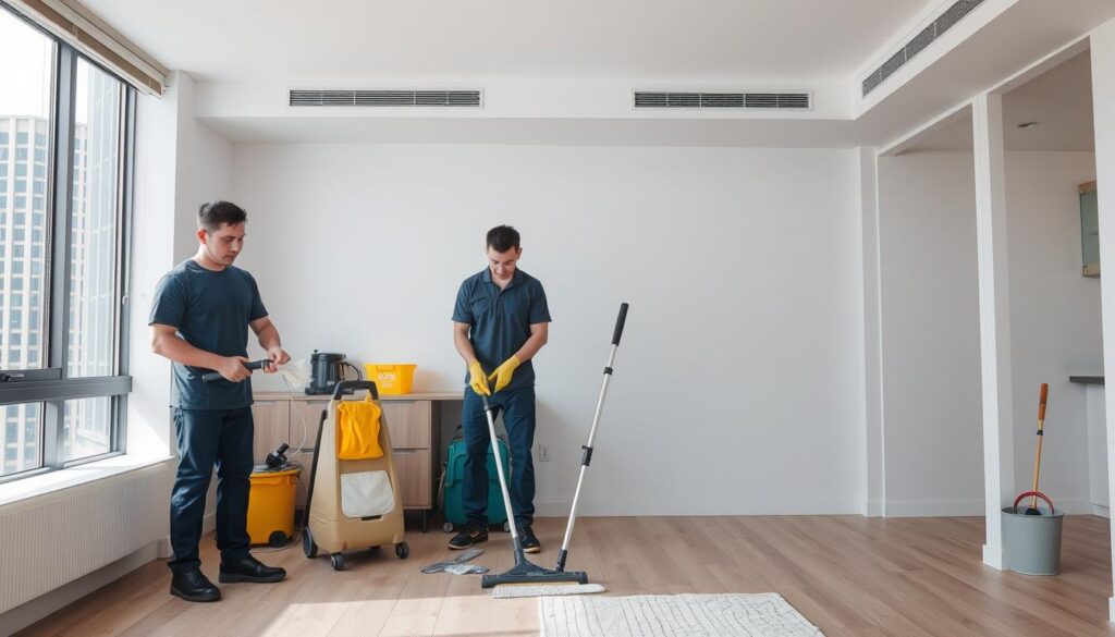 End of lease cleaning in a Sydney apartment with cleaners preparing for final inspection