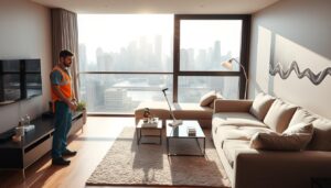 Residential Professional cleaner cleaning a modern Sydney home living room in 2025