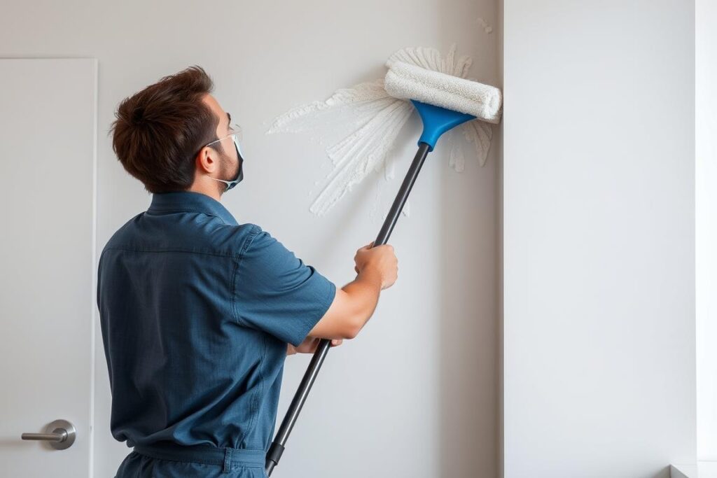 Professional cleaner washing walls in a Sydney home