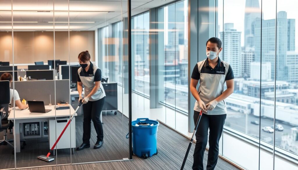 Professional commercial cleaning team working in a Sydney office space