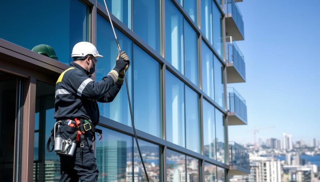 Professional window cleaner cleaning exterior windows of a Sydney apartment building