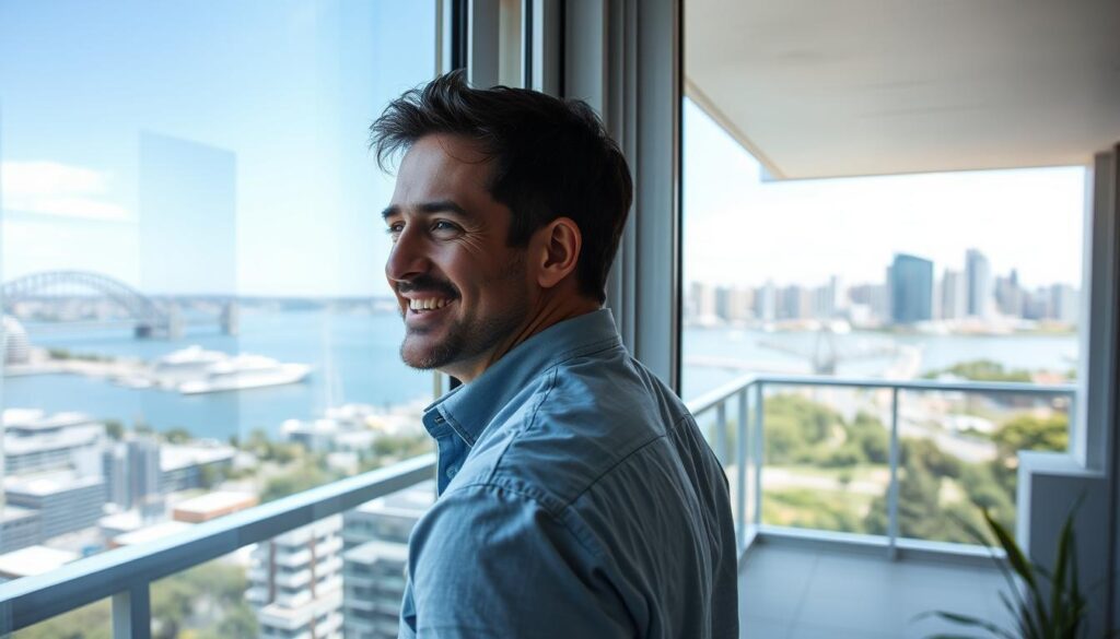 Satisfied Sydney homeowner reviewing results after professional cleaning of balcony and windows