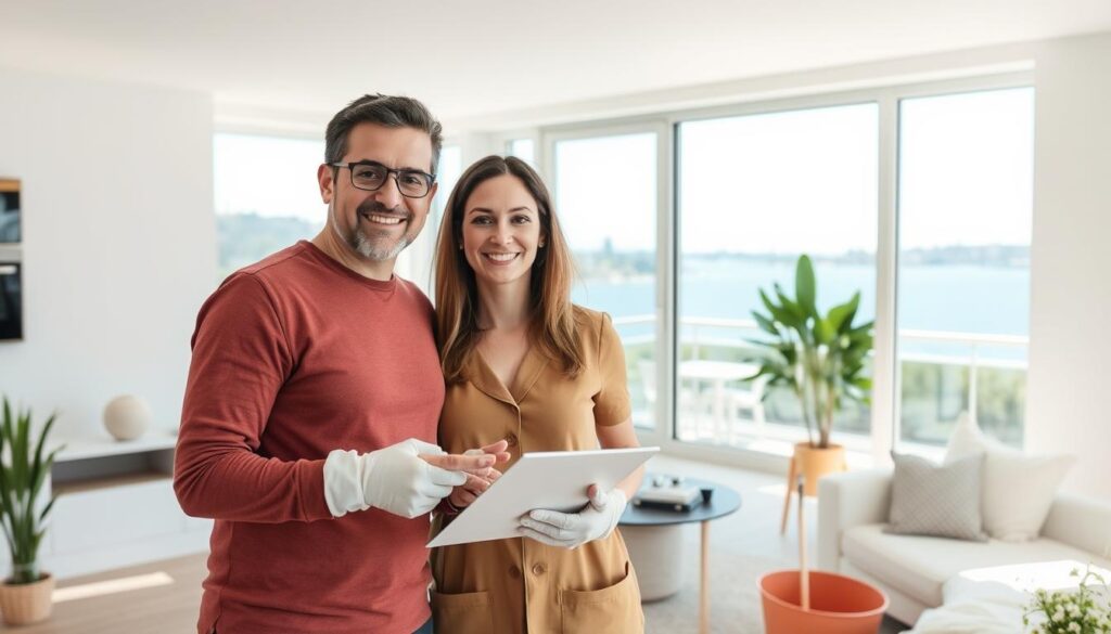 Satisfied customer reviewing cleaning results in a spotless Sydney home