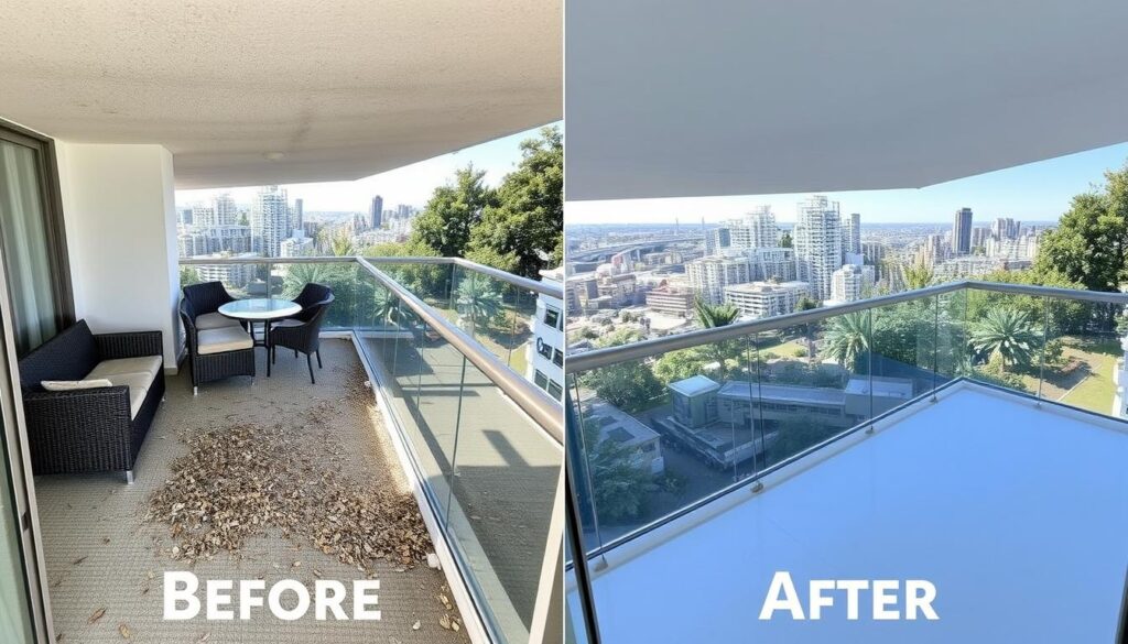 Before and after comparison of a Sydney apartment balcony cleaning service