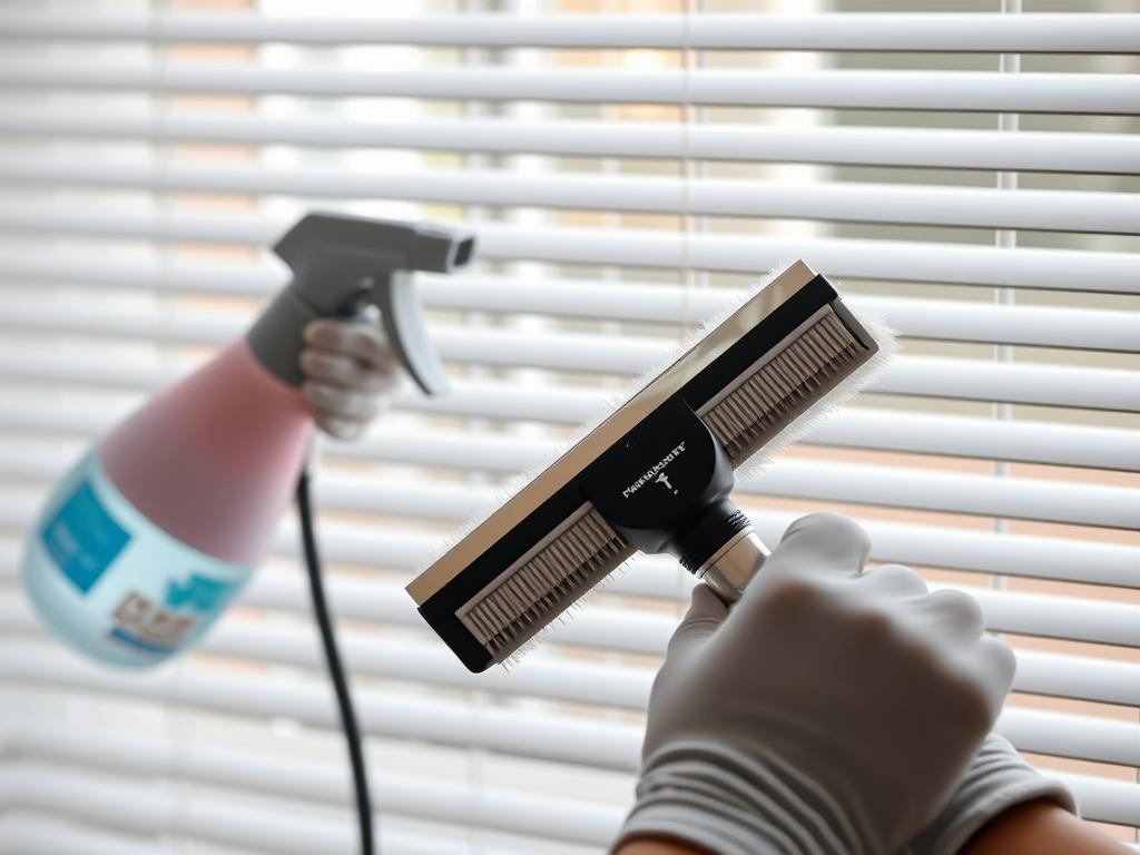 Professional Sydney cleaner using specialized equipment to clean venetian blinds