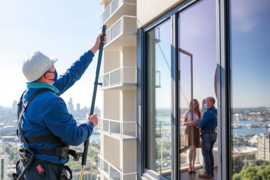 Professional window cleaner cleaning exterior windows of a Sydney apartment building
