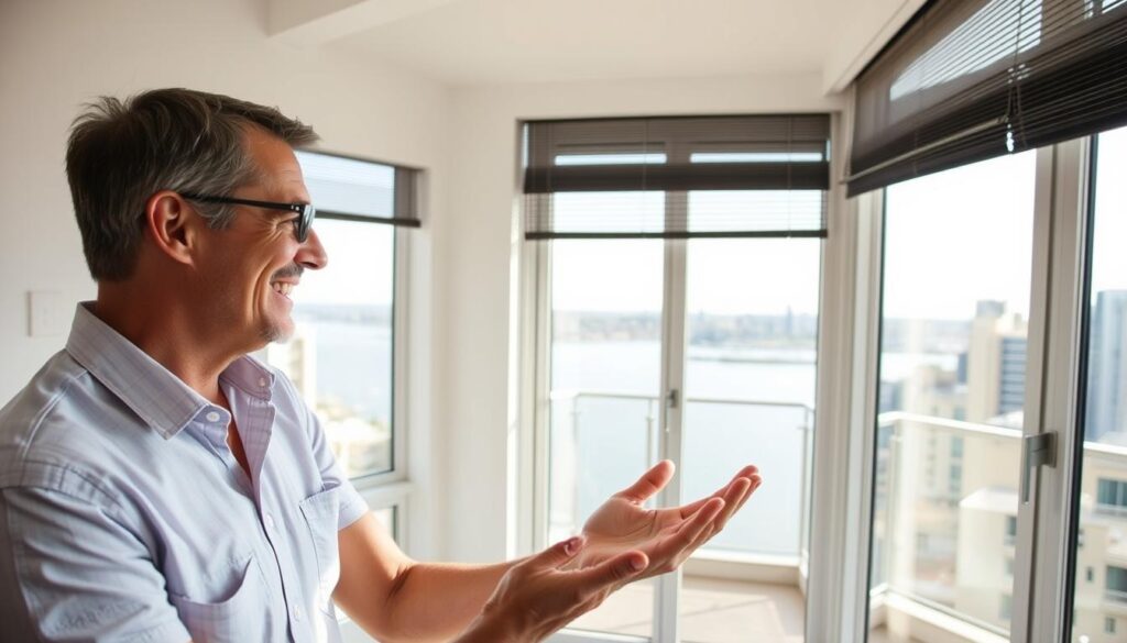 Satisfied Sydney homeowner reviewing results of professional cleaning of balcony, blinds, walls and windows