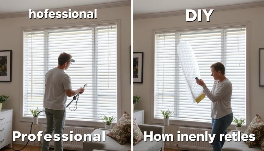 Split image comparing professional and DIY cleaning of venetian blinds in a Sydney home